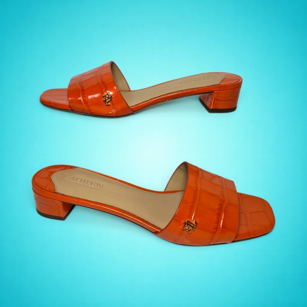 Lauren Ralph Lauren Fay Orange Croc-Embossed Slide Sandals, Flat Heels, Size 5B